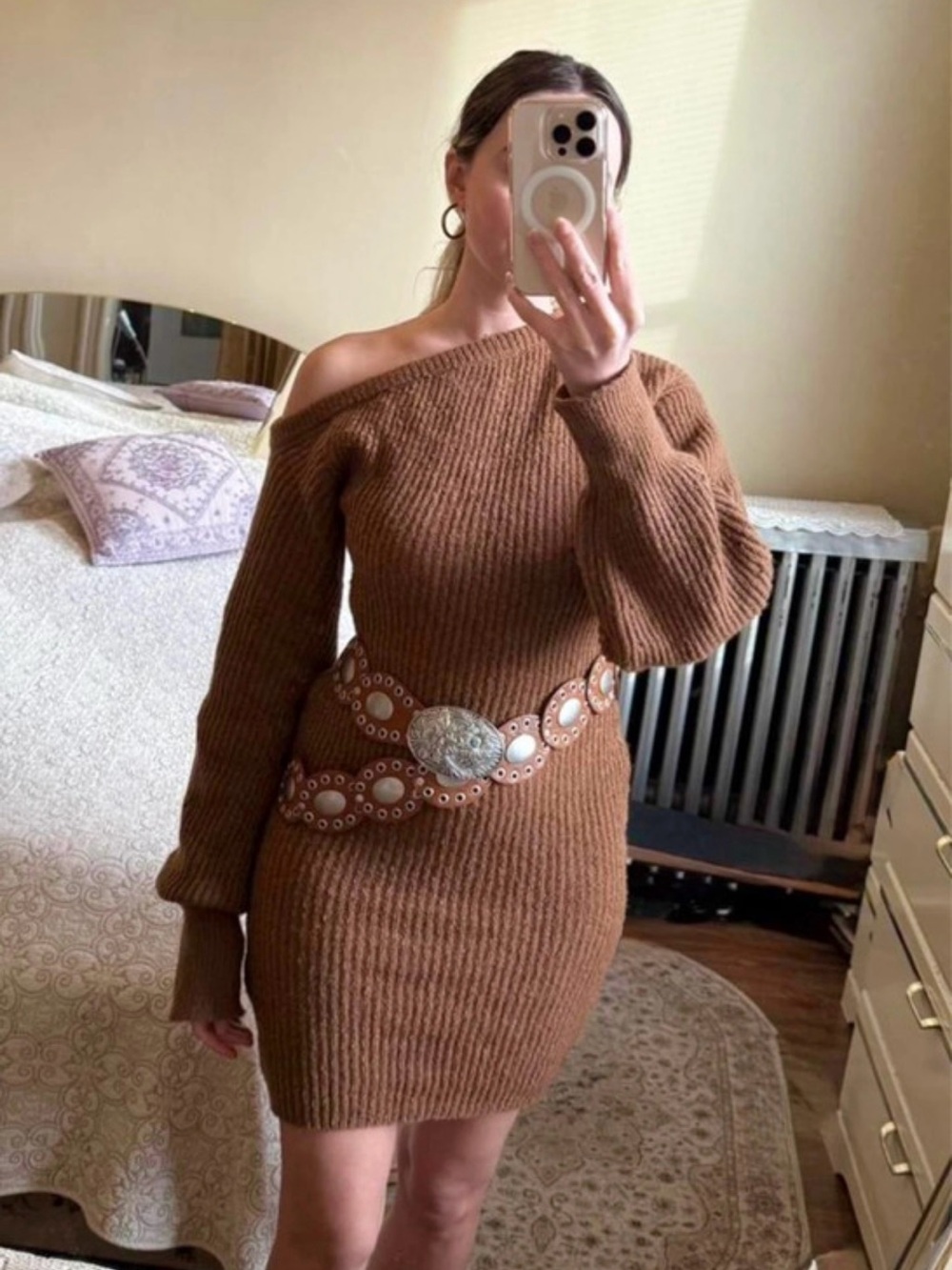 NWT- Teddy brown off the shoulder chunky knit sweater mini dress